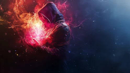Hooded embermancer cradles a swirling nebula of firelight.