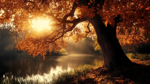 Autumn sunlight filtering through large lakeside tree.