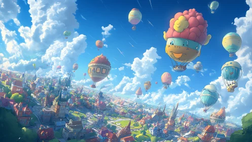 Cartoon hot air balloons over expansive townscape under sky.