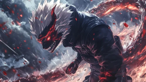 Demonic warrior lunges forward with fiery energy trail and motion blur