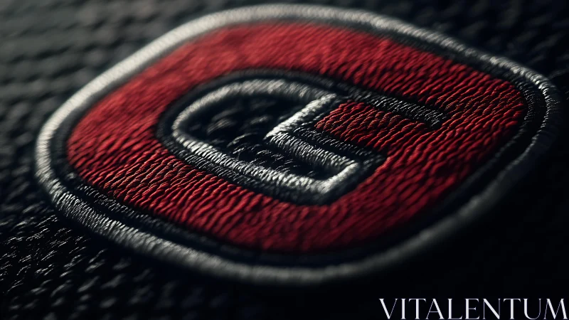 Embroidered red badge with metallic G monogram closeup.