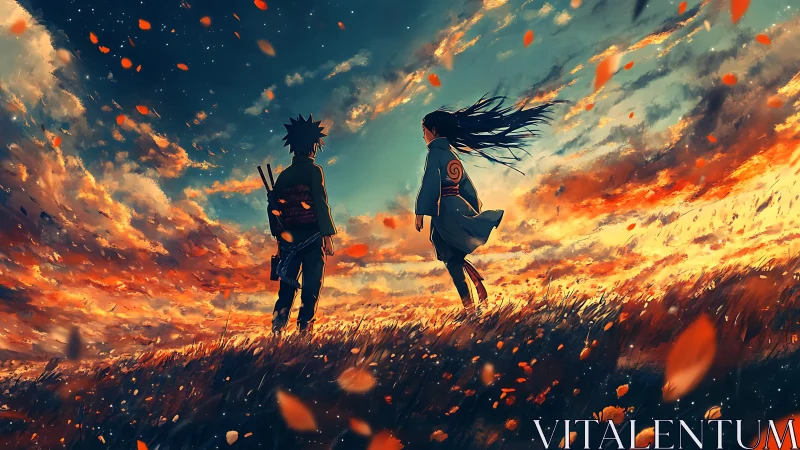 Two anime wanderers share a quiet moment in a burning sky dusk