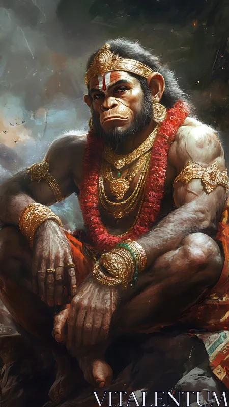Divine monkey warrior sits in ornate golden jewelry and garland.