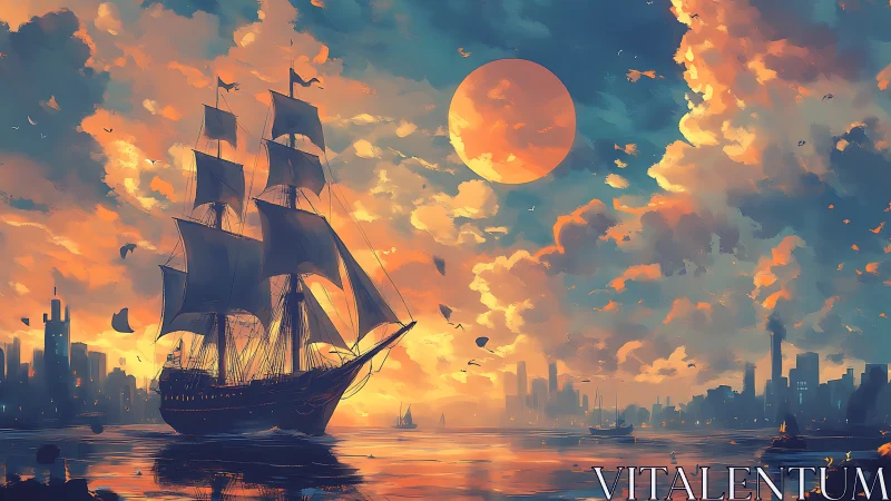 Sunlit tall ship sailing toward a futuristic harbor skyline.
