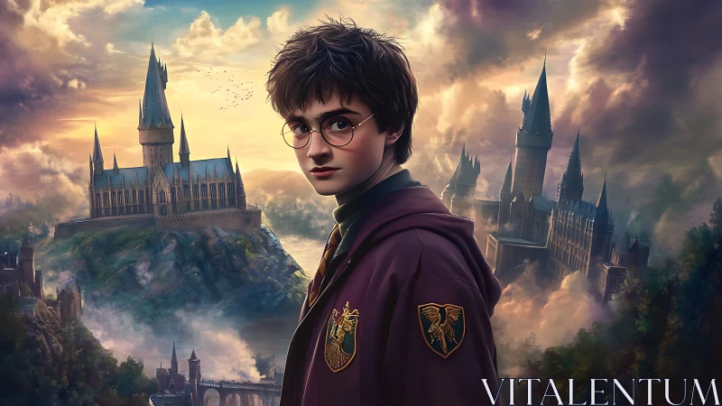 Stormlit young wizard pauses as floating castles drift by