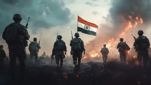 Indian soldiers stride through firelit battlefield resolve.