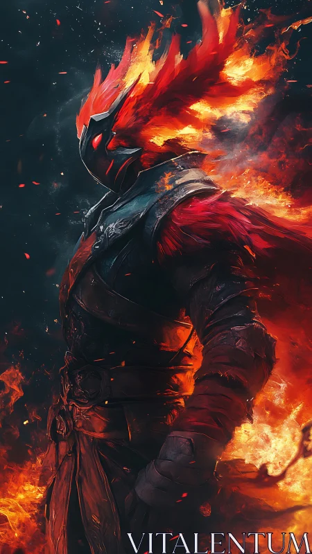 Digital painting of infernal armored warrior in dynamic flames.
