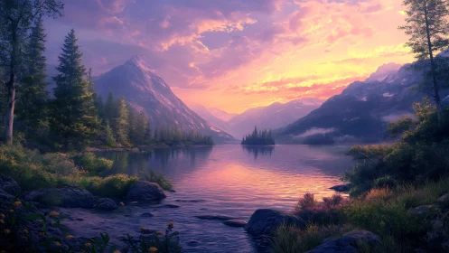 Radiant alpine lake at dusk beneath glowing violet skies.