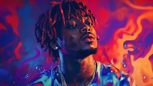 Neon-lit digital portrait of man with dreadlocks in warm bokeh field