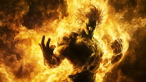 Fiery humanoid warrior rendered in dynamic golden digital flames