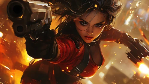 Fierce heroine charges forward through blazing city chaos