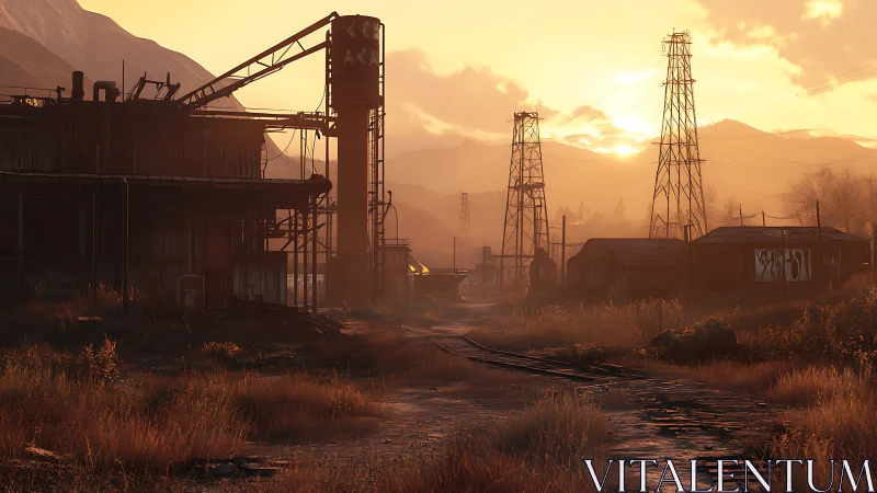 Sunlit derelict industrial yard fades into misty horizon.