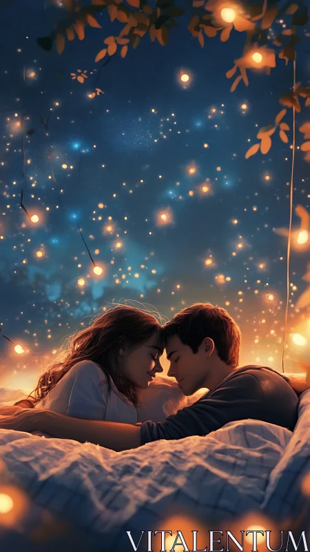 Young couple shares intimate moment under enchanted lights.