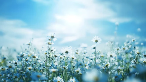 White daisies bloom under blue sky with bright sunlight.