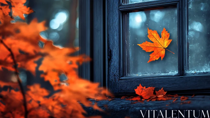 Soft autumn leaf resting gently on a frosted windowpane.