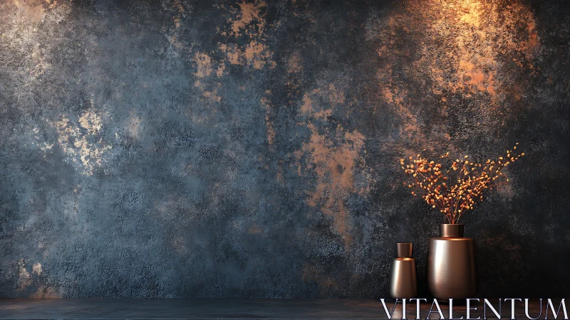 Warm copper vases glow gently against a moody textured wall
