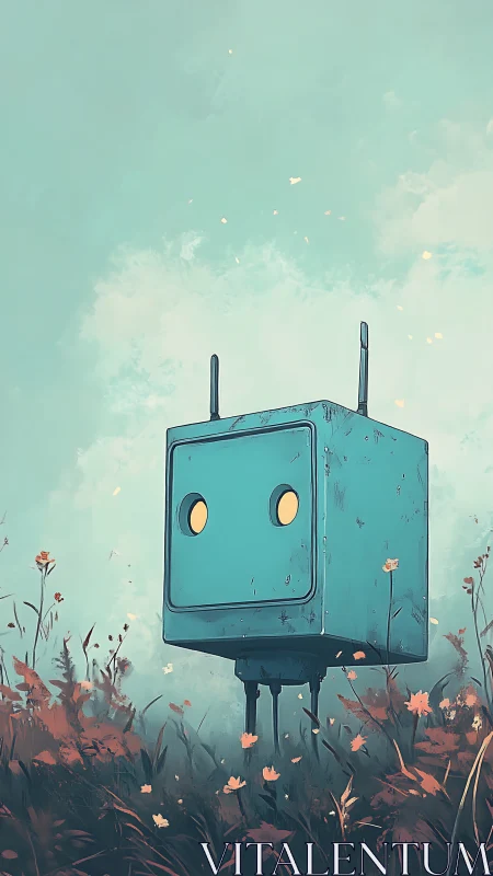 Boxy teal robot standing in wildflower field at dusk.