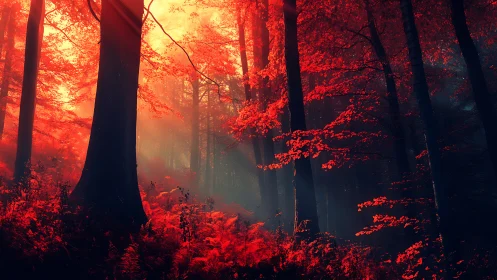 Crimson Forest Twilight: Saturated Foliage Beneath Golden Luminescence