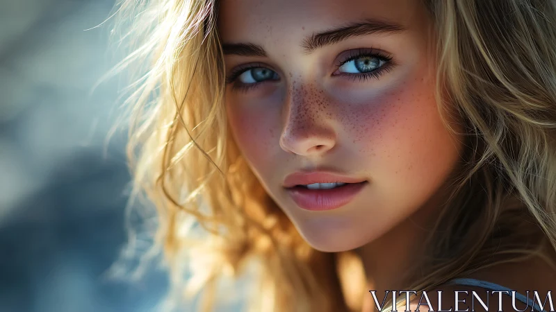 Close up portrait of blonde woman with blue eyes outdoors.