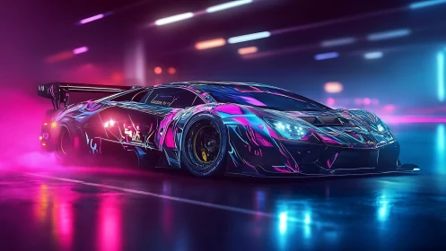 Neon-lit cyberpunk supercar racing through vapor haze.