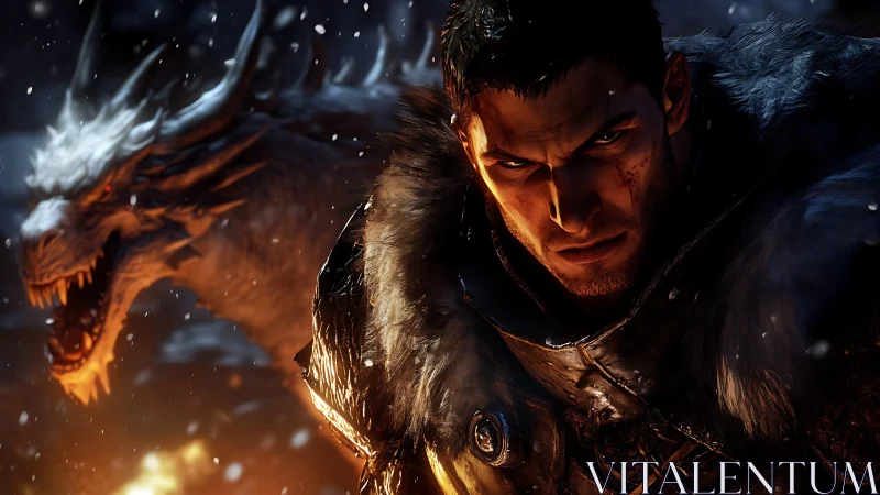 Armored warrior and dragon in snowy, firelit night scene.