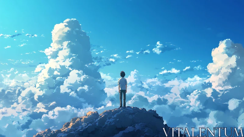 Solitary figure above cloud sea under radiant blue sky.