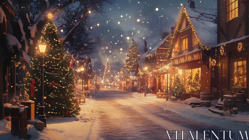 Snowy Christmas village street glows with warm holiday lights