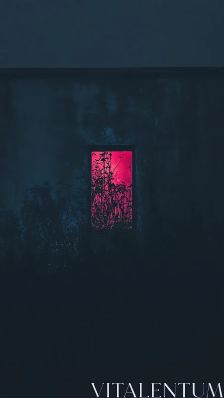 Dark wall with single neon pink window framed by plants.