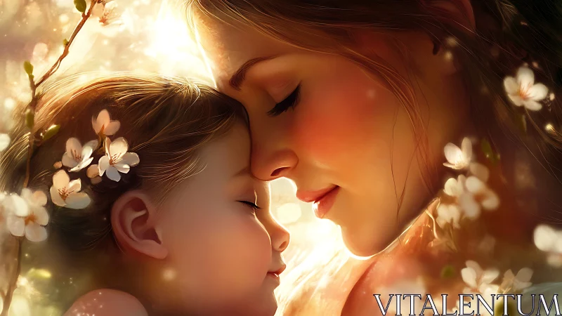 Mother and Child Portrait: Warm Golden Hour Lighting with Floral Elements