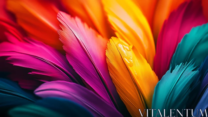 Macro close-up shows overlapping multicolored bird feathers