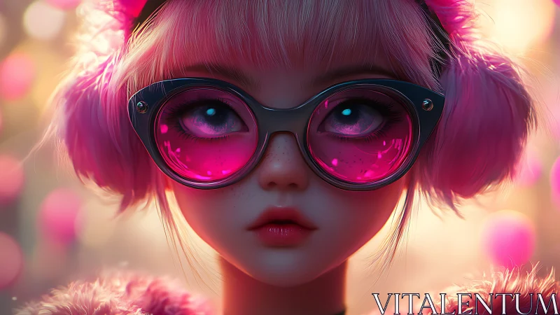 Digital painting portrait of pink-haired girl with neon glasses.