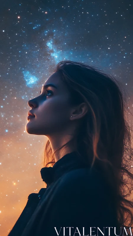 Stargazing portrait merges profile silhouette with cosmos.