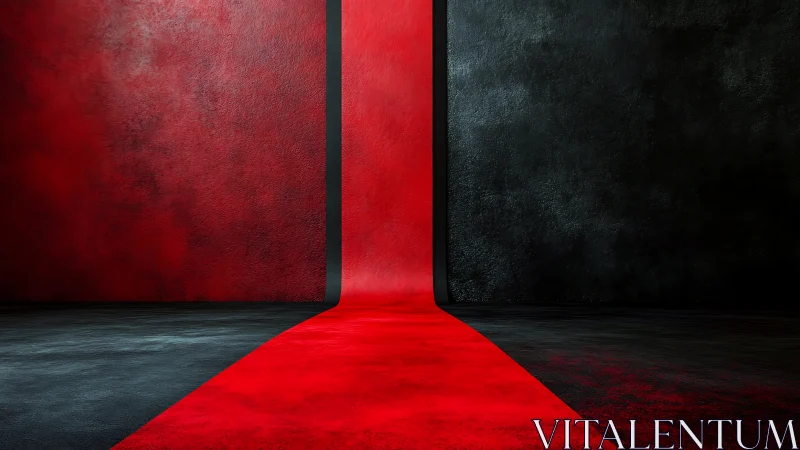 Red vertical path divides textured black and red walls