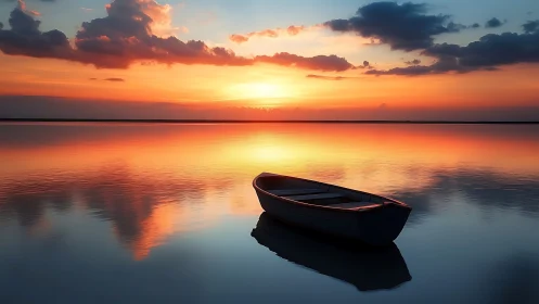 Solitary rowboat on still water under high-saturation sunset gradient