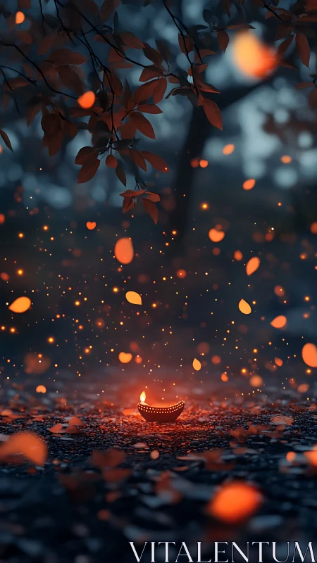 Forest diya glow scatters embers through dusk air.
