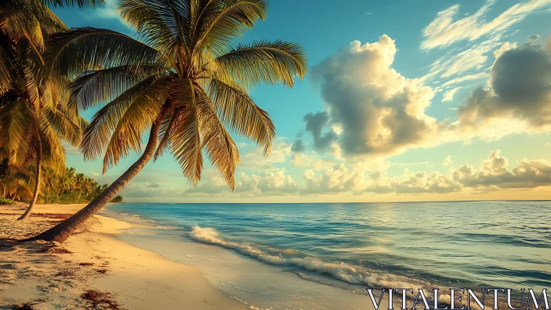 Tropical beach shoreline with palm tree and gentle ocean waves.