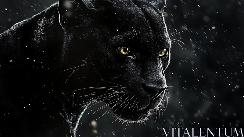 Black Panther Portrait in Snowfall: High-Contrast Nocturnal Study.