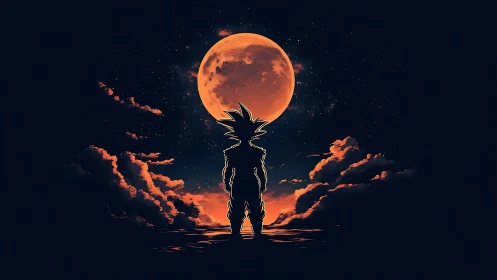 Anime silhouette against lunar horizon in nebular nightscape.