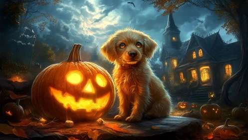 Golden puppy and jack-o-lantern glow animate a haunted yard