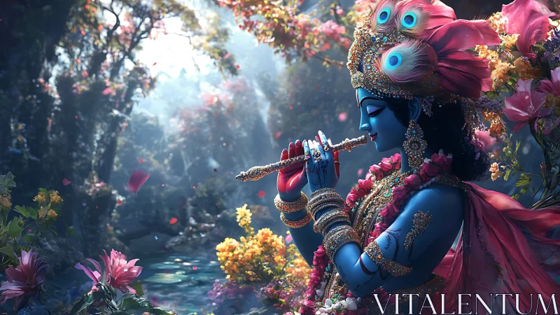 Divine blue flutist in jeweled regalia within luminous forest.