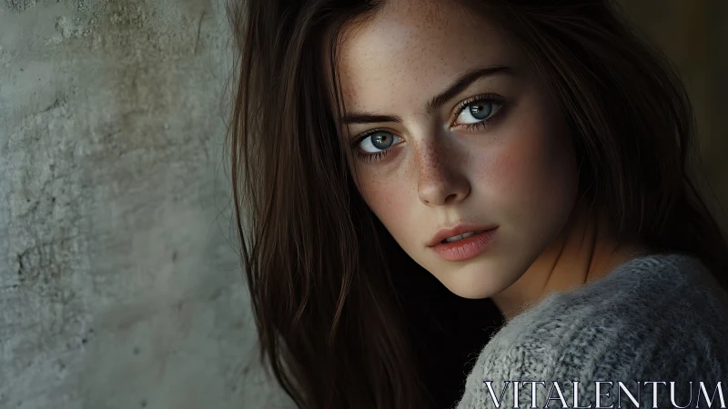 Soft window-lit portrait of young woman in grey knit sweater