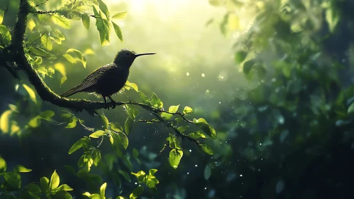 Serene bird perched on lush branch in dreamy morning light.