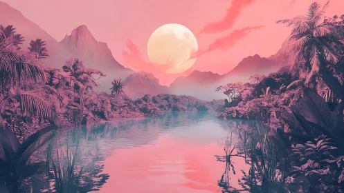 Pink tropical river landscape under large full moon