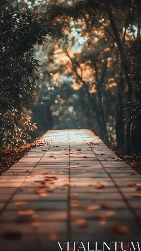 Golden light filters through a forest path of wooden planks.