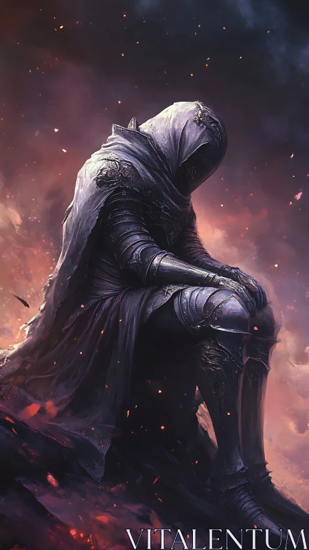 Ashen knight dreaming in embers at the edge of ruin.