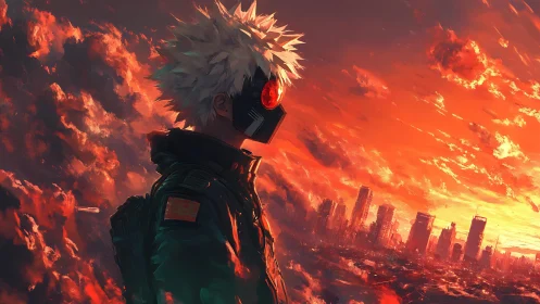 Masked wanderer watches a neon sunset over burning city