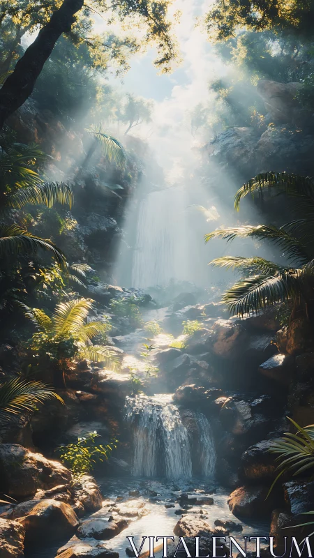 Tropical Waterfall Sanctuary With Golden Misty Sunlight Filtering