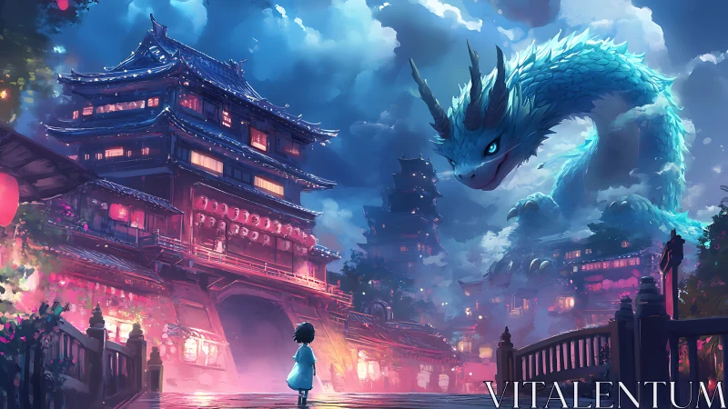 Child confronts luminous dragon above neon-lit pagoda city