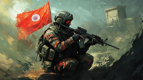 Digitally painted infantry soldier with rifle and red battle flag