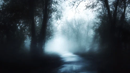 Foggy forest waterway with silhouetted winter trees at dawn.